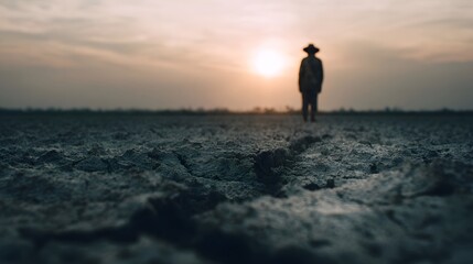 Fototapeta premium A solitary figure stands in a vast cracked desert landscape at sunset evoking a sense of isolation and hardship