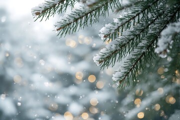 Snow-laden pine tree limbs against a frosty winter scene with glowing bokeh lights. Festive holiday background.