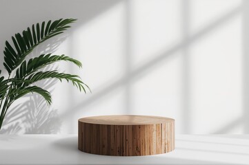Wooden stand featuring leafy shadows for product presentation
