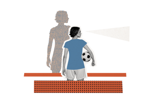 Composite photo collage of serious girl football player hold ball euro competition winner league esport isolated on painted background - Powered by Adobe