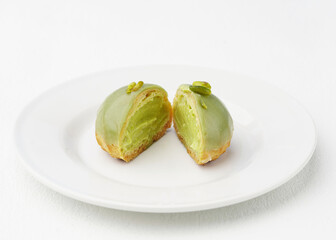 Pistachio Cream Puff showing the Creamy Filling (Cross-Section)