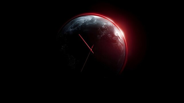 Stylized Earth with glowing red aura and clock hands against dark void symbolizing time and urgency