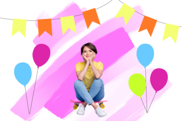 Composite photo collage of happy girl sit penny board birthday present celebration decor air balloon garland isolated on painted background