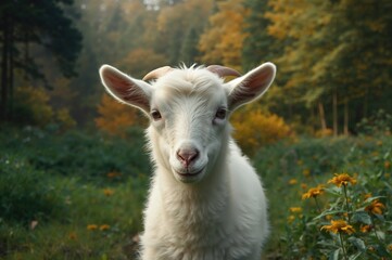 Obraz premium White goat resting on the farmland