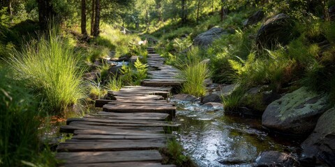Naklejka premium Path Through the Verdant Wilderness: A rustic wooden pathway winds its way through a lush, green forest, leading the viewer deeper into the heart of nature.