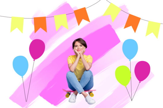 Composite photo collage of happy girl sit penny board birthday present celebration decor air balloon garland isolated on painted background - Powered by Adobe