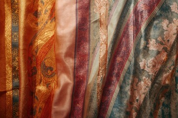 Wrinkled vertical striped silk fabric with gold accents, abstract texture and design background