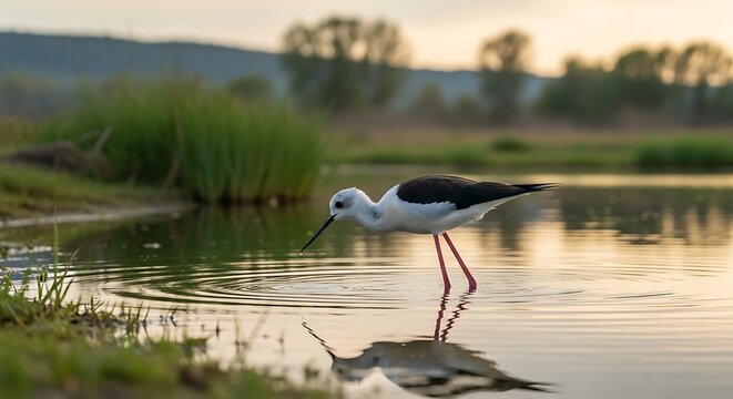 Black-winged Stilt in a Marsh.