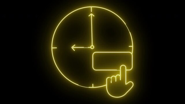 A neon yellow outline of a clock face with a hand pressing a rectangular button