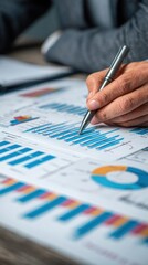 A close-up of a hand holding a pen above detailed graphs and charts, indicating data analysis and business performance evaluation.