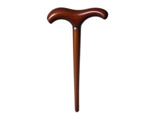  Dark-Brown Wooden Walking Stick with Curved Ergonomic Handle Isolated on Transparent Background.