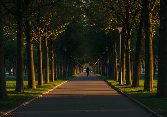 Person walking down a tree-lined path in a park, with sunlight creating long shadows.