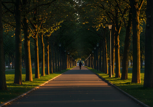 Person walking down a tree-lined path in a park, with sunlight creating long shadows.