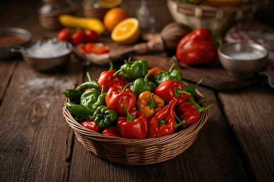 Assorted Hot Peppers in a Basket for Sauce Making