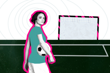 Composite photo collage of serious sportswoman hold football ball play soccer game goalkeeper gate bet isolated on painted background