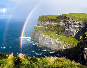 Dramatic cliffs meet a double rainbow