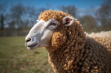 Obraz premium Side view portrait of a humorous curly brown sheep inside a home farm enclosure. A sorrowful sheep feeding outside on a bright day. Animal farming. Livestock management, cattle raising, agriculture