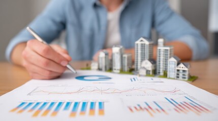 A person analyzes charts and graphs on paper alongside miniature buildings, indicating a focus on real estate or urban development.