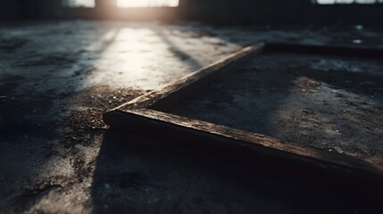 An empty wooden frame lies on a gritty concrete floor illuminated by dramatic shafts of sunlight in an abandoned interior