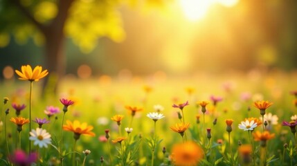 Fototapeta premium Golden Hour Meadow A Serene Landscape of Vibrant Wildflowers Bathed in Warm Sunlight