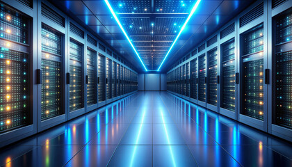 Futuristic data center corridor with server racks and blue LED glow