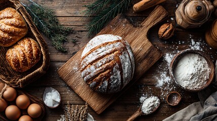 Flat lay of fresh bread and bakery on wooden table