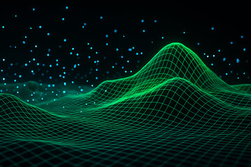 Abstract background with neon mesh waves and particle dots on dark surface presenting digital science cyberspace and futuristic design