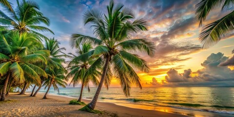 Obraz premium Lush green palm trees sway gently in the breeze on a serene tropical beach at sunset, beach, green
