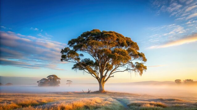 Ancient gum tree stands tall amidst misty morning fog in the Australian outback, foggy landscape - Powered by Adobe