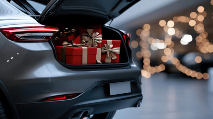 Car trunk filled with neatly wrapped Christmas gifts tied with red ribbon, ready for holiday shopping and festive celebrations, bokeh tree lights glowing in the background