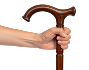 Handcrafted Dark-Brown Wooden Cane with Curved Handle Isolated Transparent Background.