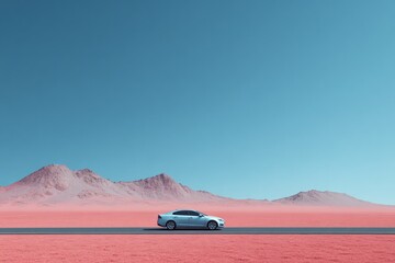 Obraz premium A sleek car drives along a minimalist road in a surreal landscape with pink terrain and a clear blue sky.
