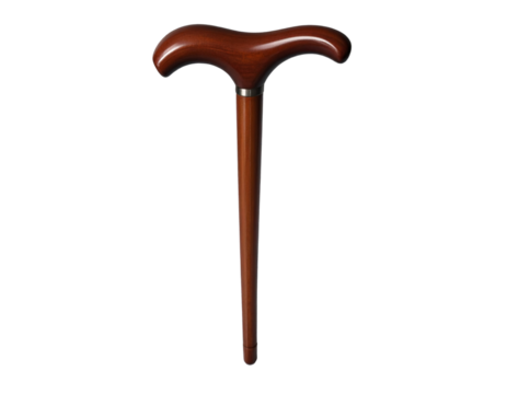 Handcrafted Wooden Walking Stick with Curved Handle Isolated Transparent Background.