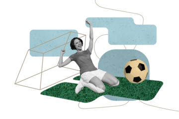 Creative collage picture young sportswoman soccer player celebrate victory winner ball match championship league drawing background