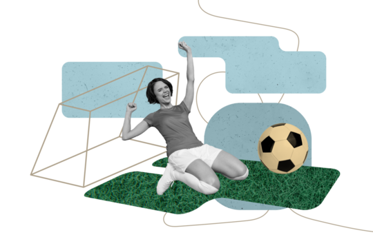 Creative collage picture young sportswoman soccer player celebrate victory winner ball match championship league drawing background - Powered by Adobe