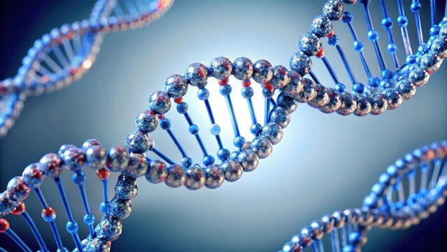 A close-up shot of a DNA double helix structure with twisted nucleotide bases and phosphodiester linkages in a transparent background, biomolecule, genetic code