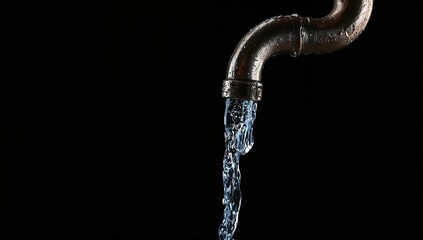 Sustainable water use enabled by effective management strategies. Faucet pouring water with a dark backdrop and space for text.