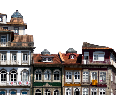 Historic buildings in Guimaraes, Portugal, with colorful facades, arched windows, and terracotta