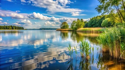Obraz premium Serene lake shore at Ruhiges Seeufer am Scharm?tzelsee in Brandenburg, surrounded by lush reeds and a covered sky with gentle ripples on the water , ripples, calm