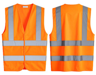 Front and back view of a high visibility orange safety vest with reflective stripes. Isolated on transparent background, png