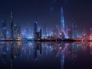 Obraz premium A dazzling nighttime cityscape featuring illuminated skyscrapers reflecting on water, creating a vibrant and futuristic atmosphere.