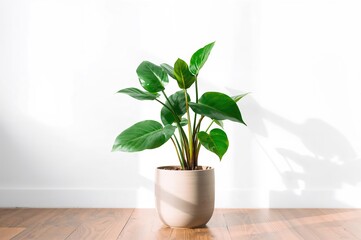 Fototapeta premium Potted Zamioculcas plant against a plain white backdrop