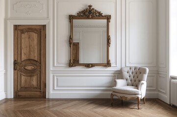 Fototapeta premium Bright room featuring an antique door, a reflective mirror, and a comfortable armchair. Area suitable for placing a figure.