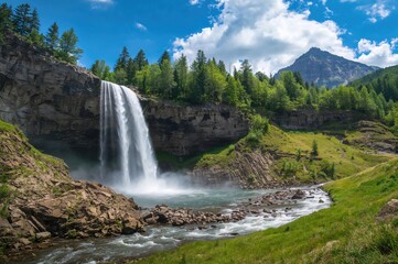 Mountain waterfall during summertime