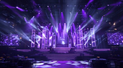 A vibrant stage setup featuring dynamic lighting, purple hues, and geometric screens, perfect for events and performances.