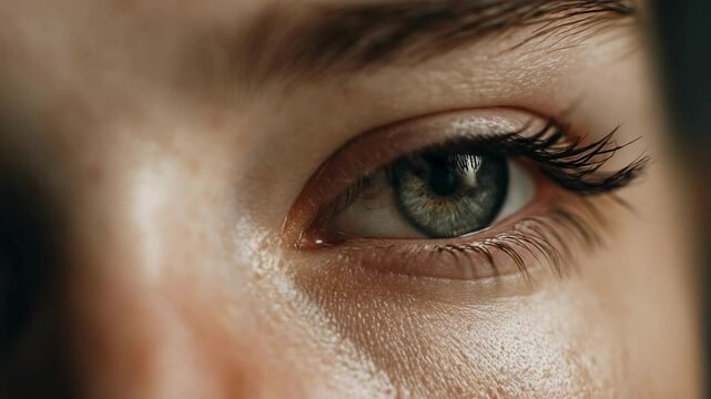 Close-up of a blue eye with long eyelashes and a bright reflection on the cornea.