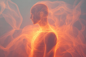 Mysterious glowing human figure standing illuminated by radiant light energy, surreal scene created with generative ai