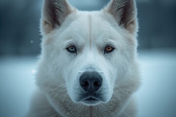 Obraz premium Close-up photo of a white husky in a snowy setting