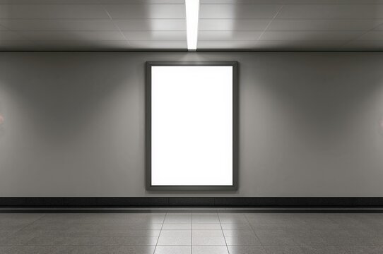 Indoor subway platform with a blank white vertical poster display illuminated from behind