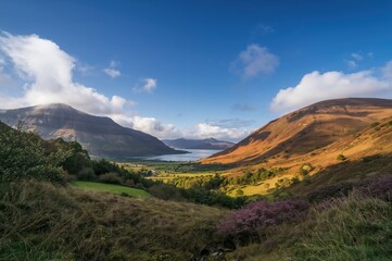Naklejka premium Scenic mountain valley view from a high vantage point, outdoor adventure, natural landscape